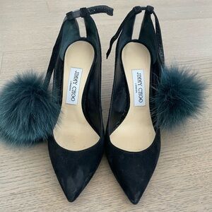 Jimmy Choo Black Heels with Teal Fur Pom Poms